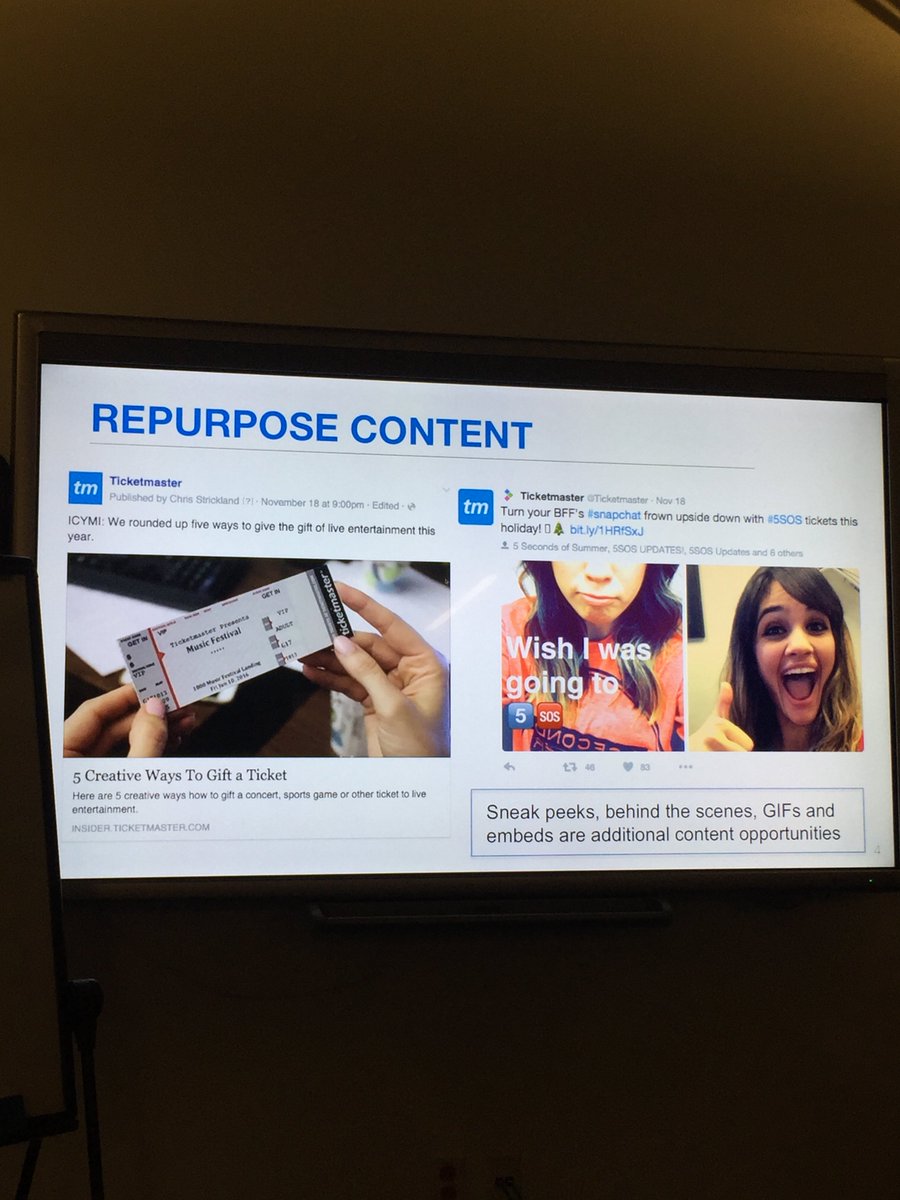 liahaberman's tweet photo. "Maximize the reach of your content: sneak peeks/gifs are additional content opportunities" -@StrickRoss #SMM332 https://t.co/8m9h48oO27