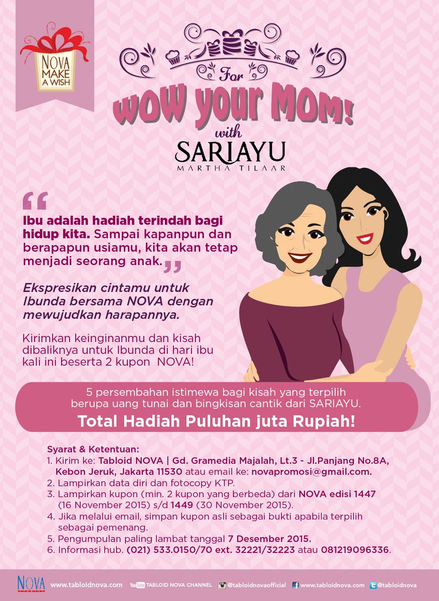 officialnova_id's tweet photo. Mau hadiah uang tunai dan bingkisan menarik NOVA &amp; Sariayu untuk Ibu Anda? Ikutan #WowYourMom yuk! https://t.co/jTbmhwjRiK