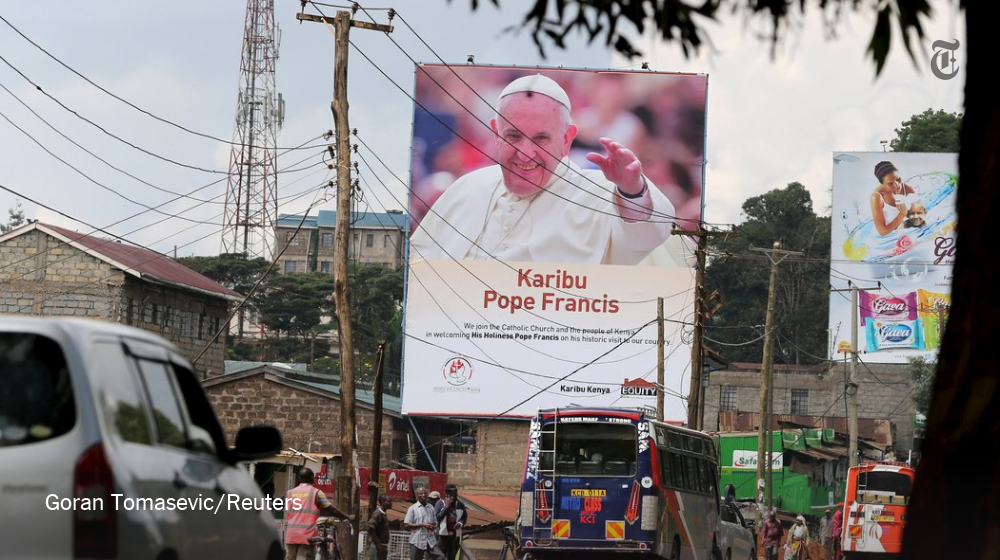 nytimes's tweet photo. Pope Francis begins his first trip to Africa today https://t.co/PPJW4LwFuH https://t.co/Y9aBg99MYx