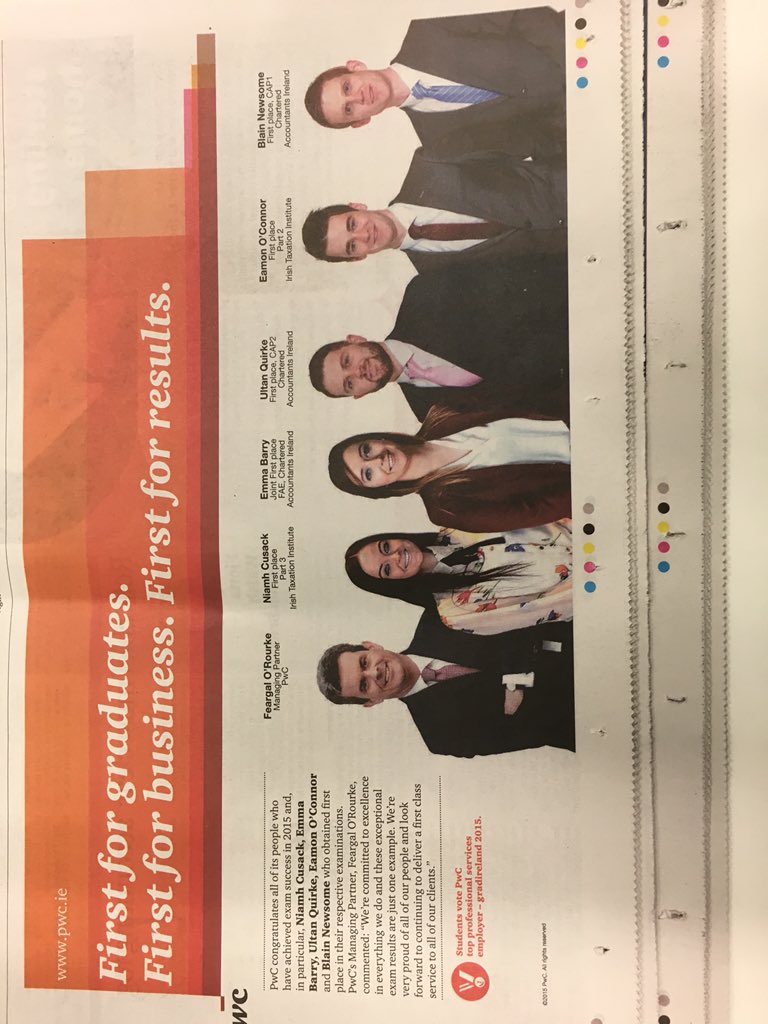 FeargalORourke's tweet photo. Magic exam results of @pwcireland people in 2015 esp the 5 #1 places in all major acc and tax exams #naphand #1Firm https://t.co/PjS5jbtUAS