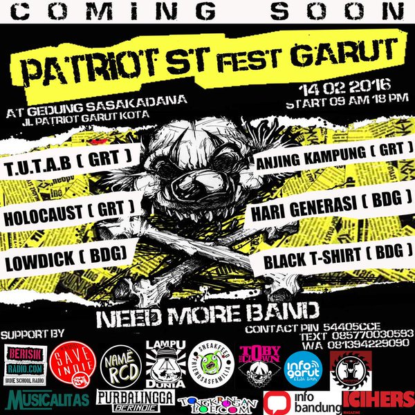 Gigs #Patriotstfestgarut w/
<a href="/HARIGENERASI/">LINE @harigenerasi</a> <a href="/LOWDICK/">LOWDICK OFFICIAL</a>
<a href="/HolocaustHC/">DiamondCityHardSide</a> #Needmoreband