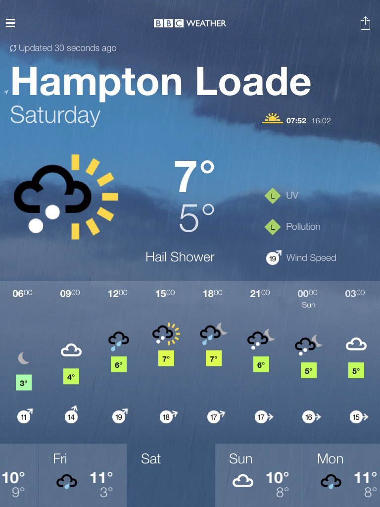 Baldmister's tweet photo. BBC Weather forecast for Hampton Loade. Saturday: Hail Shower. https://t.co/Upv8s8uLEY #movinghouse https://t.co/5OA0r2VEnF