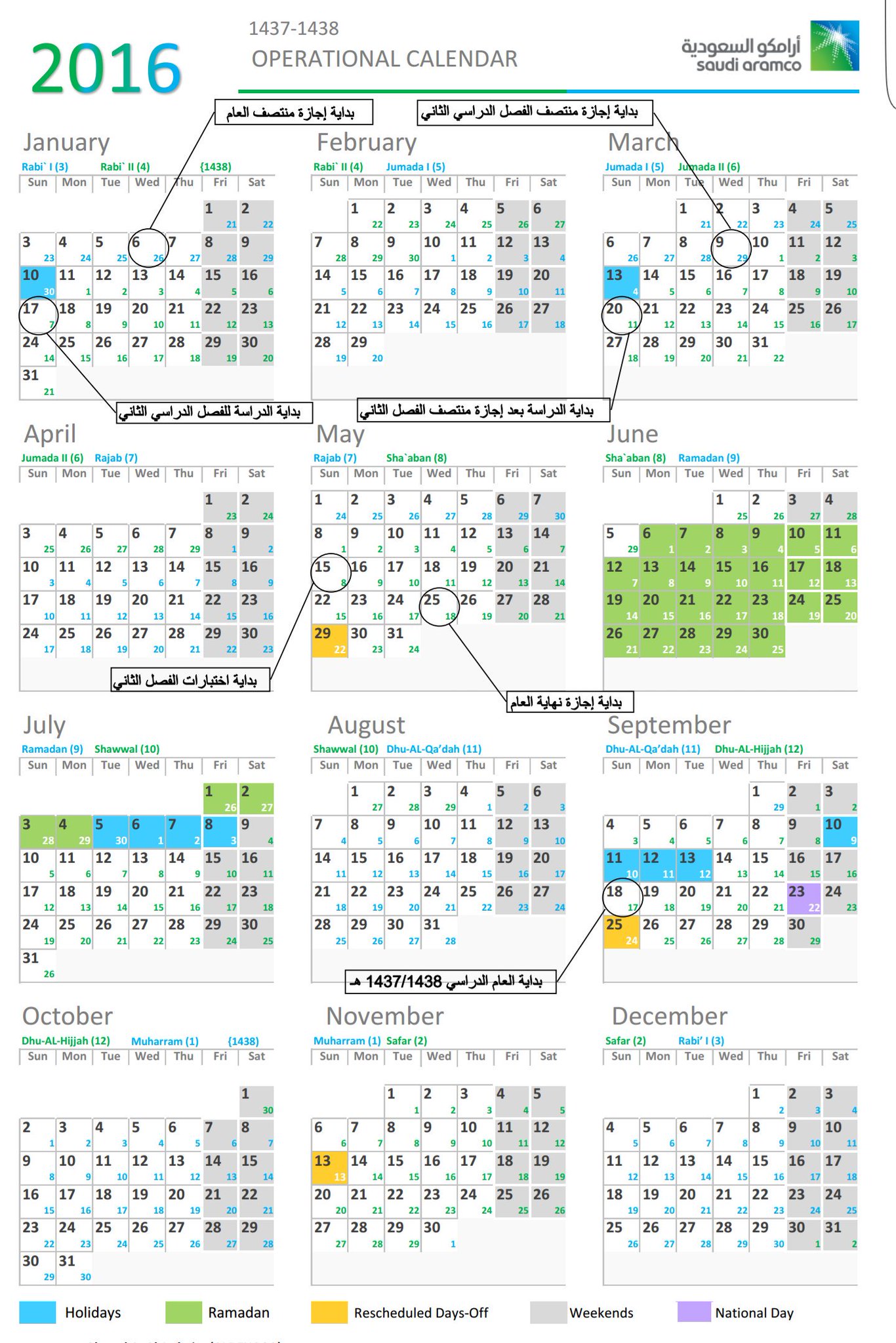 Uzivatel خالد بن سعد Na Twitteru Saudi Aramco School Schedule Calendar تقويم ارامكو التقويم الدراسي لعام 2016 1437هـ 1438هـ Ryaramco رتويت Https T Co Lno4xa0juq