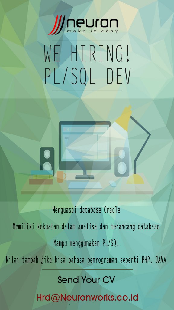 neuronworks's tweet photo. Open Recruitment u/ PL/SQL Development u/ Lulusan SMK/Sederajat @LokerBandung @LokerBdg @infobandung  @jobsbandung https://t.co/CmMcJwHgyW