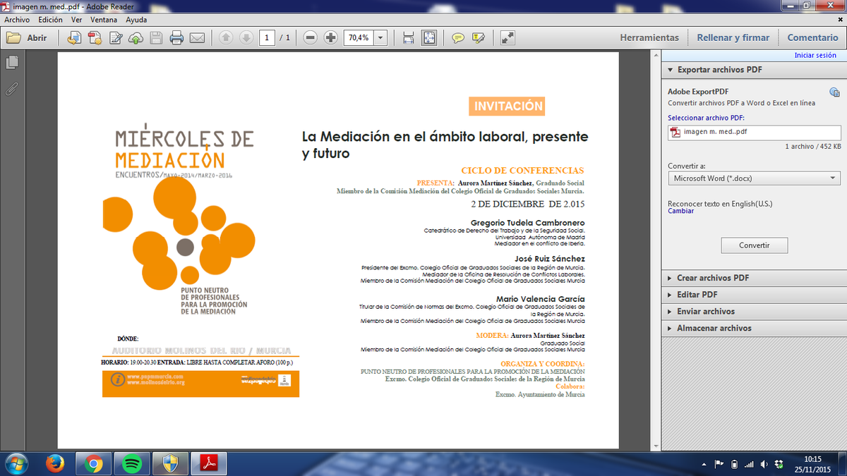 ProyectoMediaEs's tweet photo. El día 2 de diciembre en #Murcia, #miércoles de #Mediación sobre la mediación #laboral. Estáis invitados. https://t.co/afugM64233