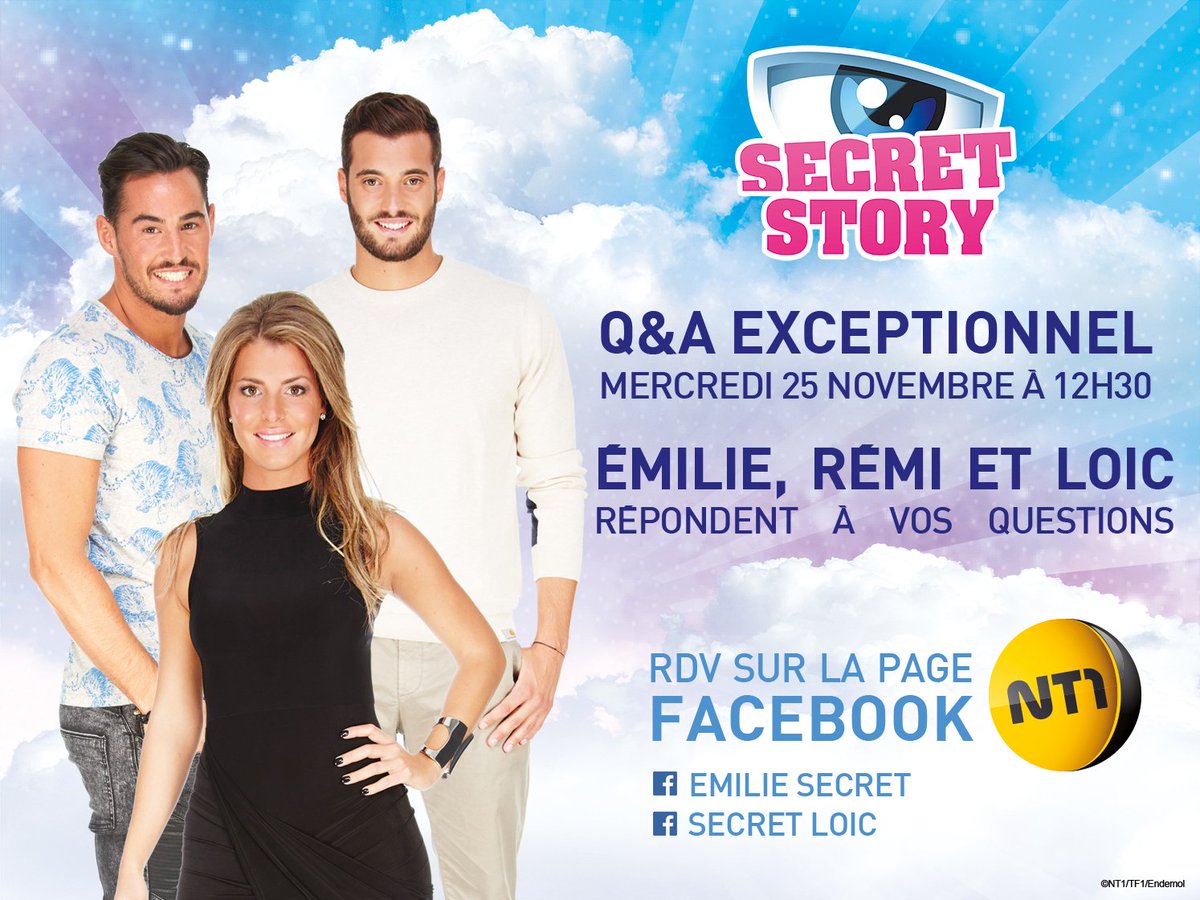 tfx's tweet photo. #SecretStory : Emilie, Rémi et Loïc répondent en DIRECT à vos questions ! RDV dès 12:30 sur la page #Facebook @nt1 https://t.co/Pex18zzxqE