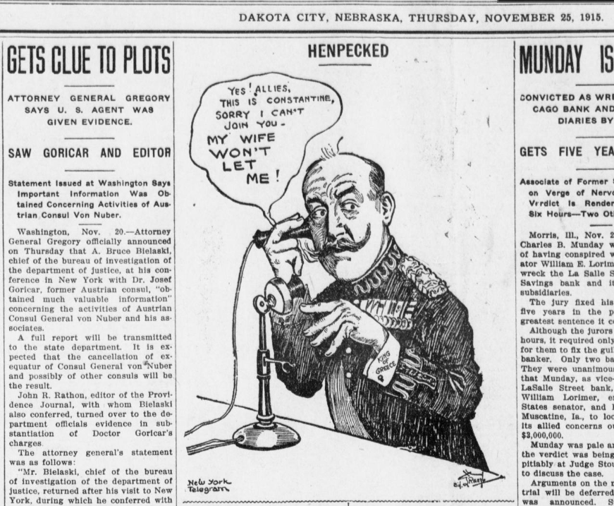ThisDayInWWI's tweet photo. Nov 25 1915 

Greek King wants to join war but wife won't let him 

https://t.co/FDQibTBkV2 #ww1cartoon @CartoonWW1 https://t.co/P65ZvKabHv