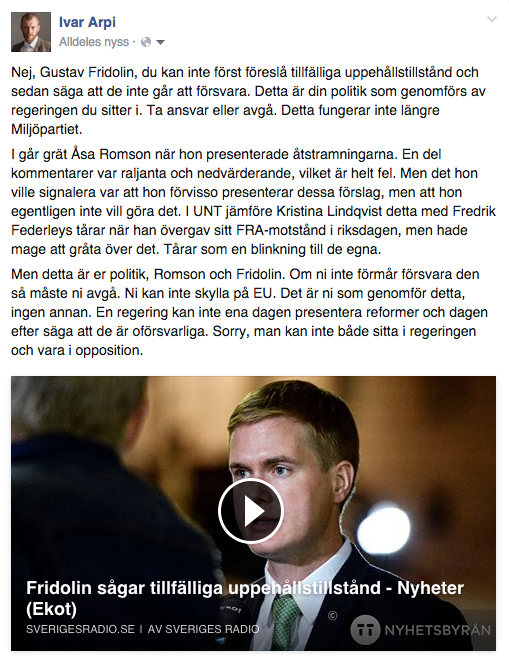 Ivarpi's tweet photo. Sorry, Gustav Fridolin, man kan inte både sitta i regeringen och vara i opposition. https://t.co/0ViBiVfX3z
