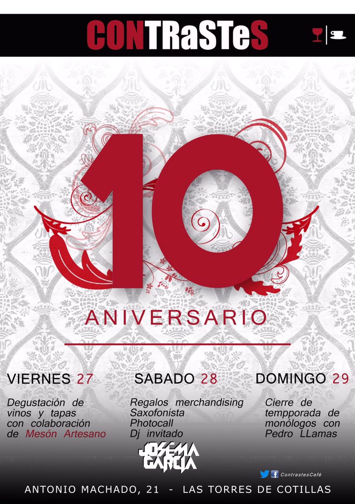ContrastesCafe's tweet photo. Este fin de semana cumplimos #10añosdeCONTRaSTeS 
🔹Vi #DegustacionDeVinosYTapas
🔹Sa #FiestaContrastes
🔹Do #monologo https://t.co/18cTSXgZtq
