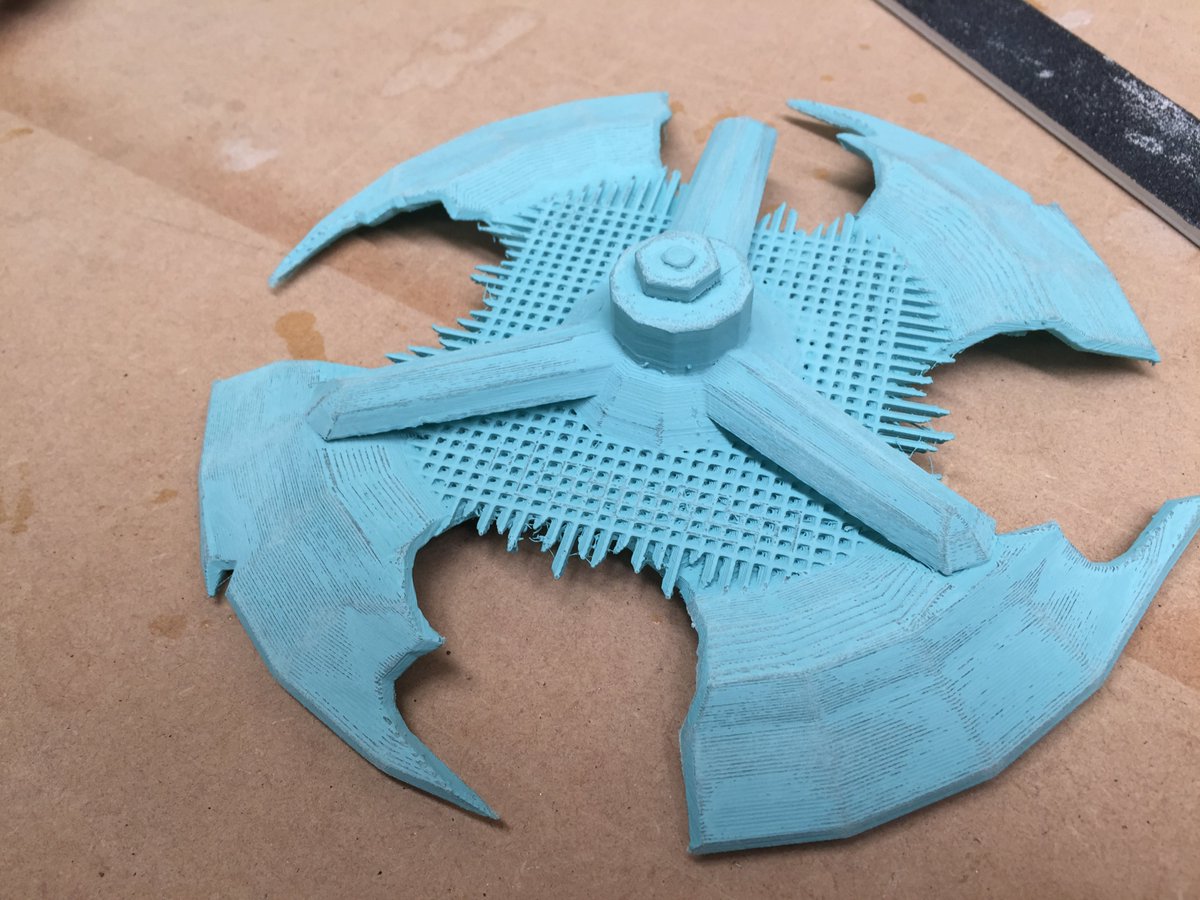 makersmuse's tweet photo. Getting there - now for more spray putty... I'm covered in blue dust ;.; #Fallout #3DPrinting #AutoAxe https://t.co/ZkHTqH2wPn