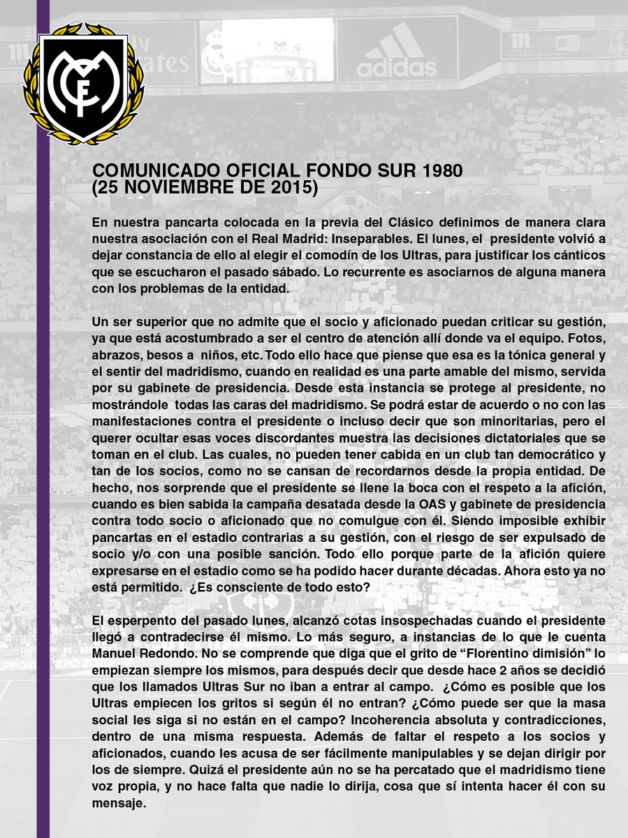 FondoSur_1980's tweet photo. Comunicado oficial Fondo Sur 1980, 25/11/2015. https://t.co/y7ToqXA7fn https://t.co/b4rMt9GXlx