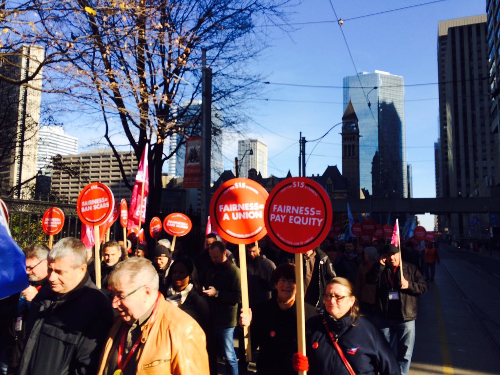 #OFL delegates march for #15andFairness. #unionsmatter. #fairwages. #secureemployment. #sickdays. #cardcheck.