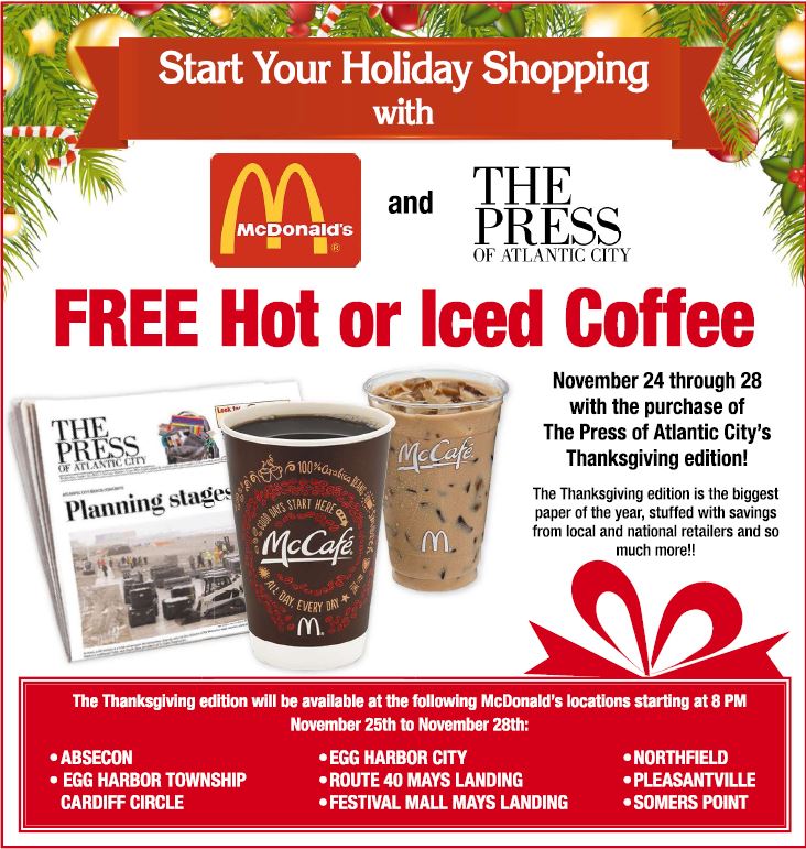 ACPressNitelife's tweet photo. FREE Hot or Iced Coffee with purchase of #Thanksgiving edition of The Press of AC at @McDonalds.  Get it tonight! https://t.co/IgwYpto4G5