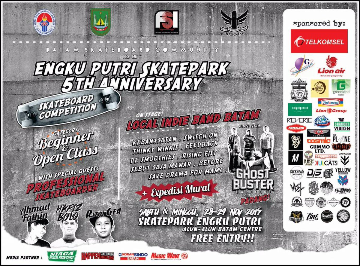 Mari ramaikan Skateboards Competition 5th anniversary engku putri skatepark batam.... FREE ENTRY