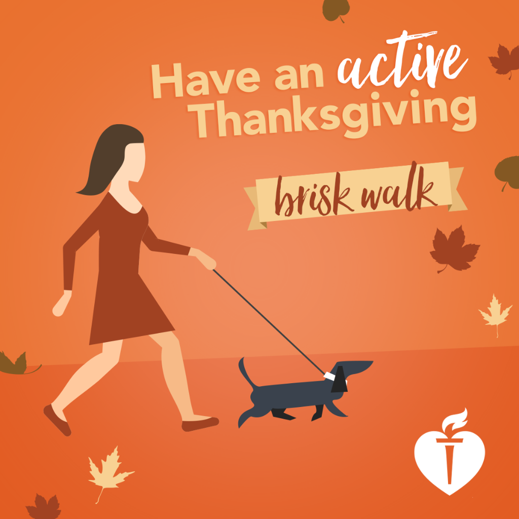 AHAlivehealthy's tweet photo. Replace that post turkey nap with a brisk walk! A 15-min walk can help w digestion and improve blood sugar levels. https://t.co/5o6hgk3lgt