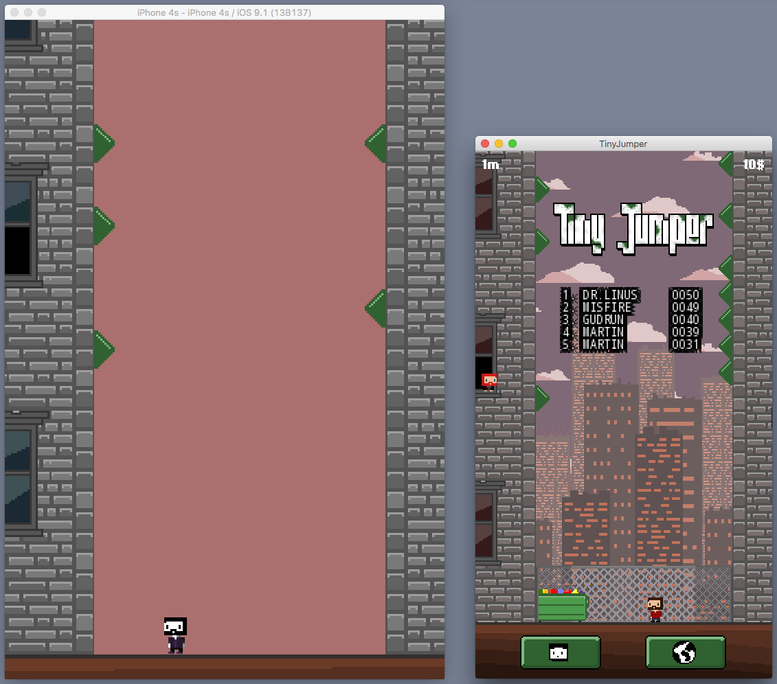 ITWESTnet's tweet photo. Initial success in porting android version of #TinyJumper (right) to iOS (left ;) using #SpriteKit. #pixel_dailies https://t.co/ASYYeuedG6