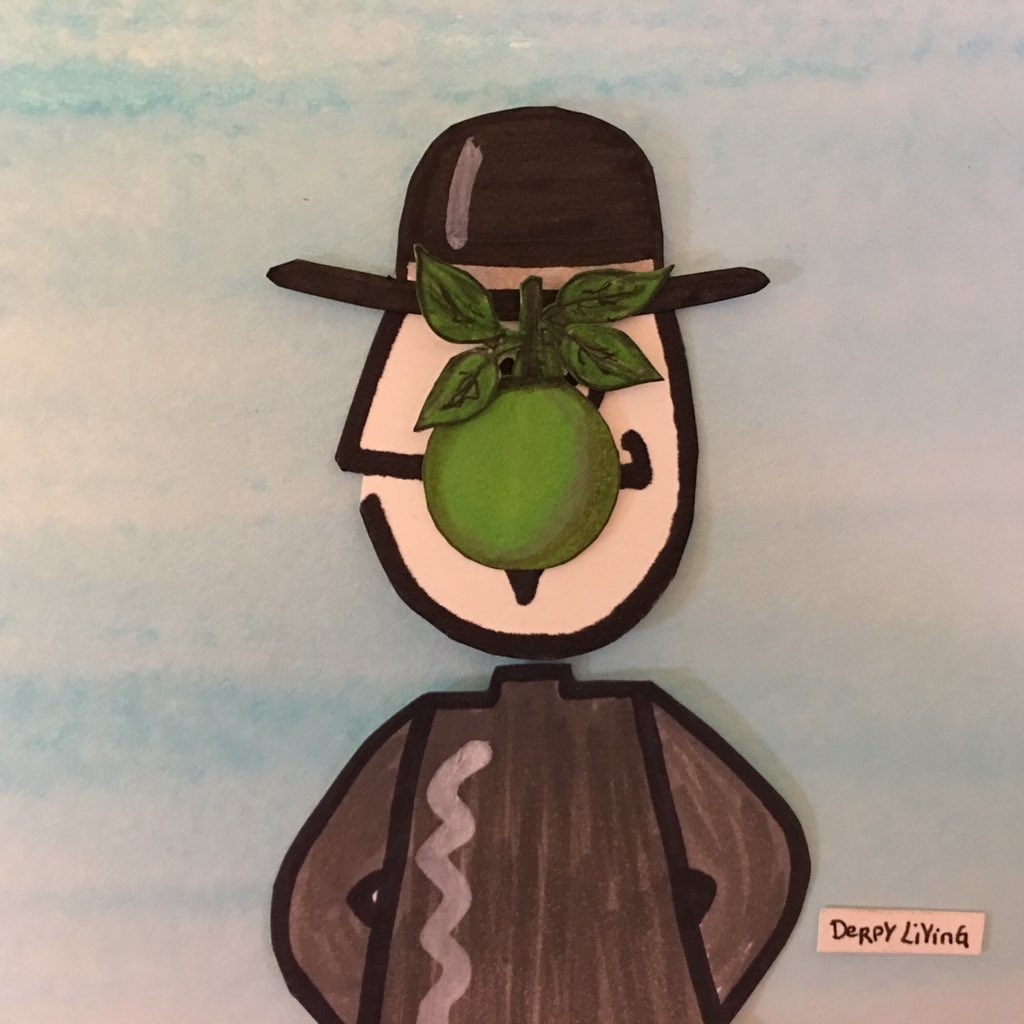 DerpyPoet's tweet photo. Dawn a HaT 
Because You cAn
WearinG miNe... 
#TheSonofMan 

#BolerHat #ReneMagritte #InternationalHatDay #Derpy #Art https://t.co/A21kU5DulO