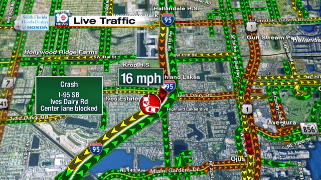 Crash on I-95 SB at Ives Dairy Rd. Middle lane blocked. Speeds 16mph #traffic #miami https://t.co/xYL3c5bYAp