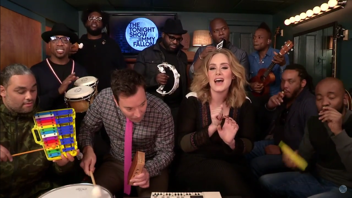 thefader's tweet image. Watch @Adele perform "Hello" with @theroots and classroom instruments. thefader.com/2015/11/25/ade…