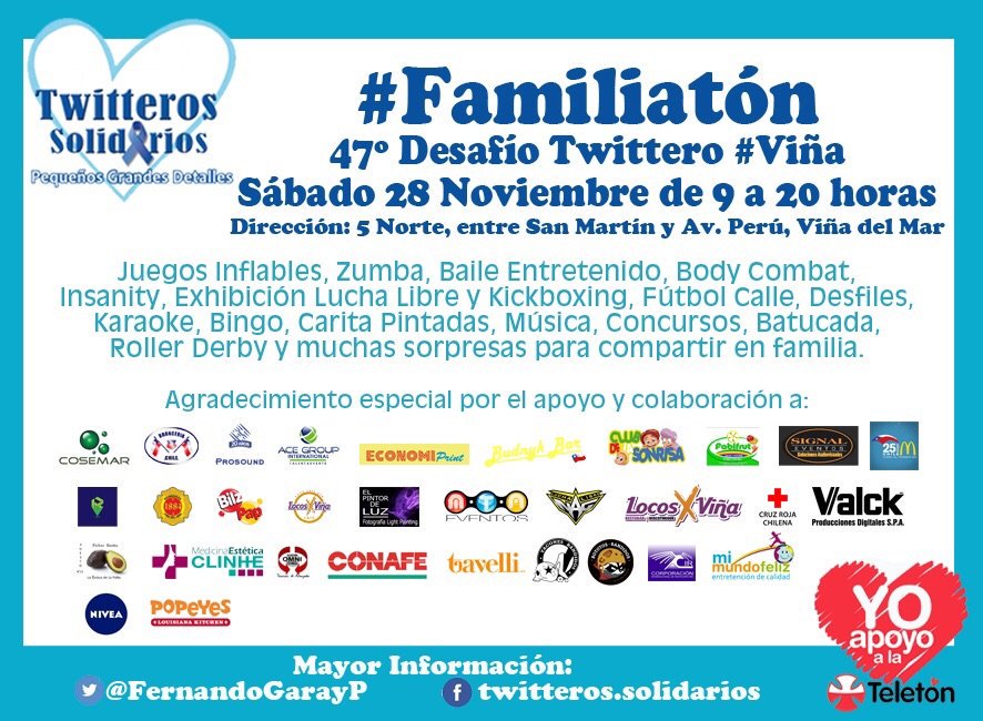 ClinEstetica_cl's tweet photo. #Familiaton para la @Teleton este Sábado! Ven con tus niños, pasa un día genial! 5 Norte #TwitterosSolidarios #Viña https://t.co/5wuBJFv5sl