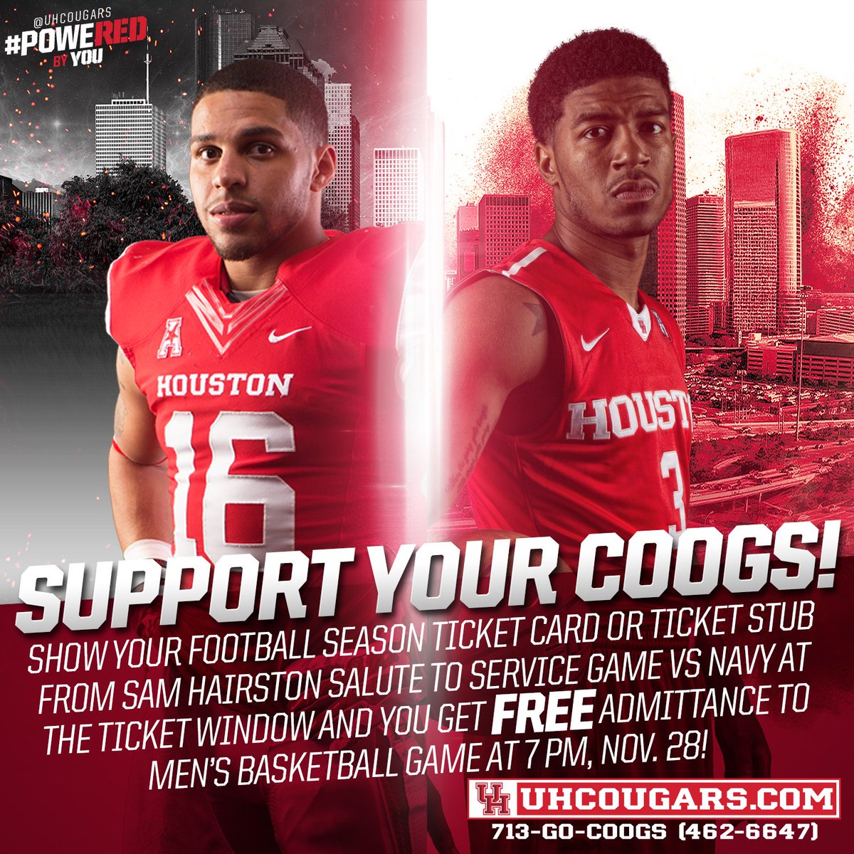 UHCougarMBK's tweet photo. REMEMBER - Bring your @UHCougarFB season tix card OR Navy ticket stub to Saturday's @UHCougarMBK game &amp; get in FREE https://t.co/pLEN1wjkxS