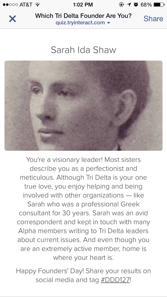 itsybitsybetsy's tweet photo. I got Sarah Ida on the founders day quiz! @TriDelta #127 #leaDDD #FoundersDay https://t.co/5r0CQhok0b