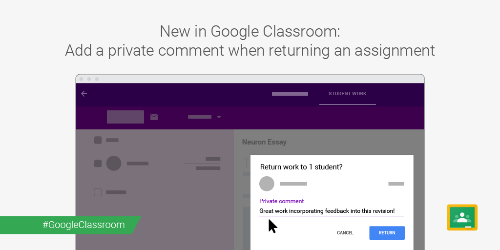 GoogleForEdu's tweet photo. You asked &amp; we listened: teachers can now add private comments when returning work to students in #GoogleClassroom https://t.co/KfKnOc9Ubz