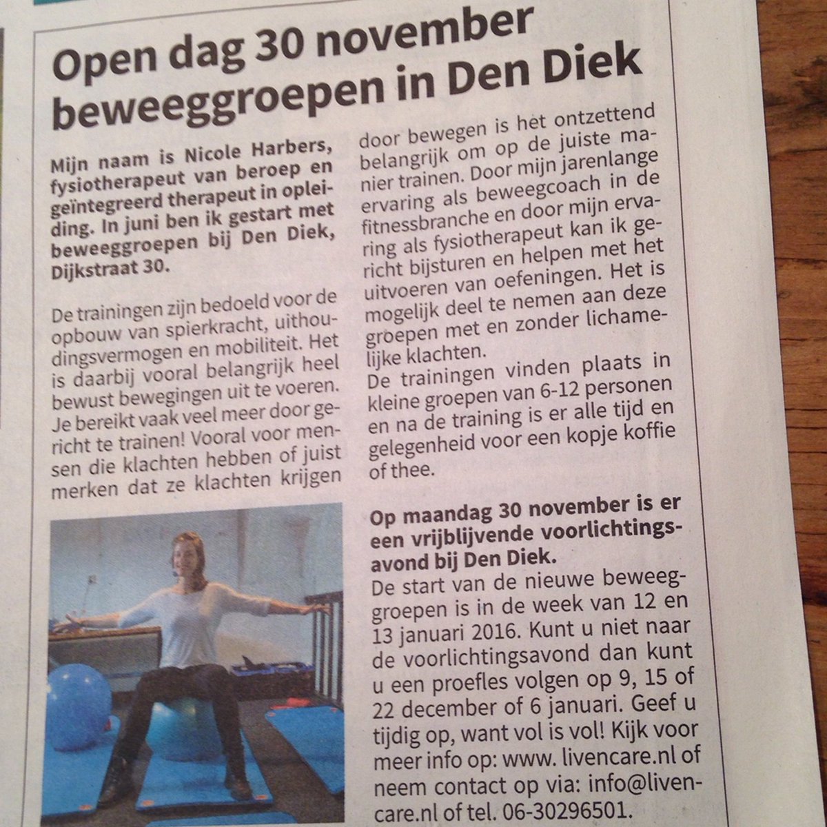 Livencare's tweet photo. Maandag 30 nov. om 18:30 geef ik info over mijn beweeggroepen in Den Diek L'voorde. Vandaag ook te lezen in de Elna! https://t.co/dym68SoTmT