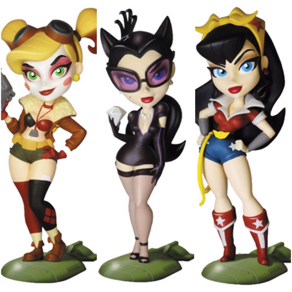 kittystavern's tweet image. Could these #DCBombshell vinyl figures be any cuter? Coming 2016 #collectibles #HarleyQuinn #Catwoman #WonderWoman