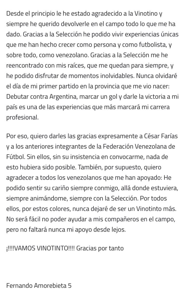 RichardMoralesR's tweet photo. Fernando Amorebieta colgó en su web https://t.co/BCRf6mpNqG Carta de renuncia a la #Vinotinto y explica sus razones. https://t.co/rInBAtIINh