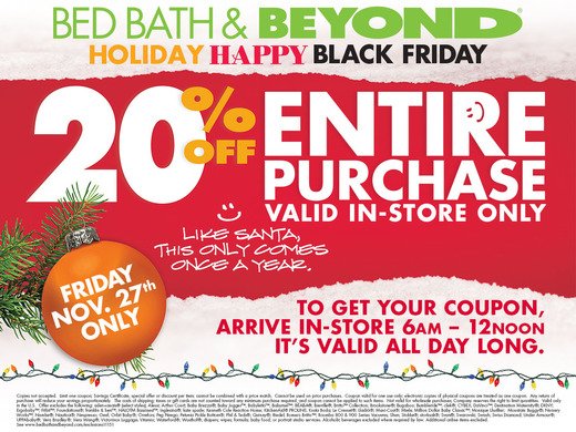 BedBathBeyond's tweet photo. #GetHolidayHappy this #BlackFriday! Come into the store by noon to receive a 20% off your entire purchase coupon! https://t.co/ygM93X0t17