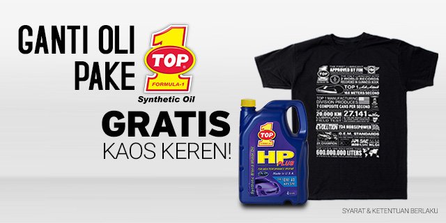 Ayo tampil ganteng, beli oli mobil TOP 1 di <a href="/bliblidotcom/">Blibli</a> gratis kaos keren! Klik di sini bit.ly/paketop1ganteng