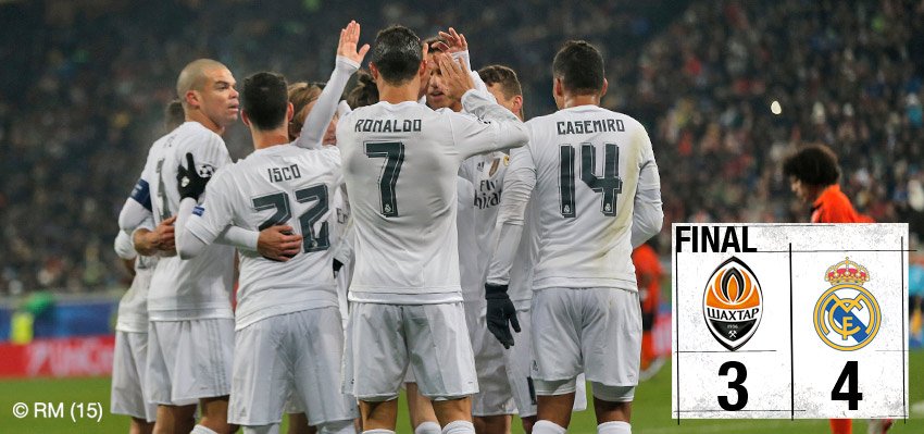 FT: Shakhtar 3-4 Real Madrid (Teixeira 77', 88', Dentinho 83'; <a href="/Cristiano/">Cristiano Ronaldo</a> 18', 70', Modric 50', <a href="/DaniCarvajal92/">Dani Carvajal Ramos</a> 52')