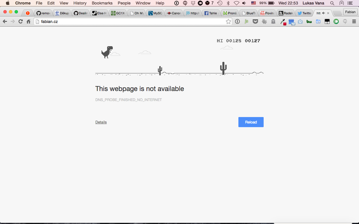 fabiancz's tweet image. Kdyz nejste pripojeni k internetu a na chybove strance v Chrome zmacknete mezernik, muzete hrat hru s dinem #objev
