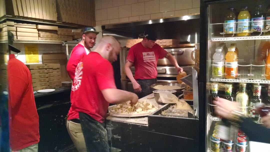 BramsonKate's tweet image. They're hard at work here at Fellini Pizzeria in Providence making the famous #ThanksgivingPizza.