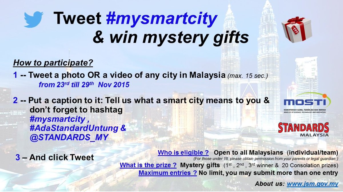 standards_my's tweet photo. Hi, Malaysia !  tweet and win a mystery gift #mysmartcity @STANDARDS_MY #AdaStandardUntung .Due date : 29 Nov https://t.co/qeul7npoIi