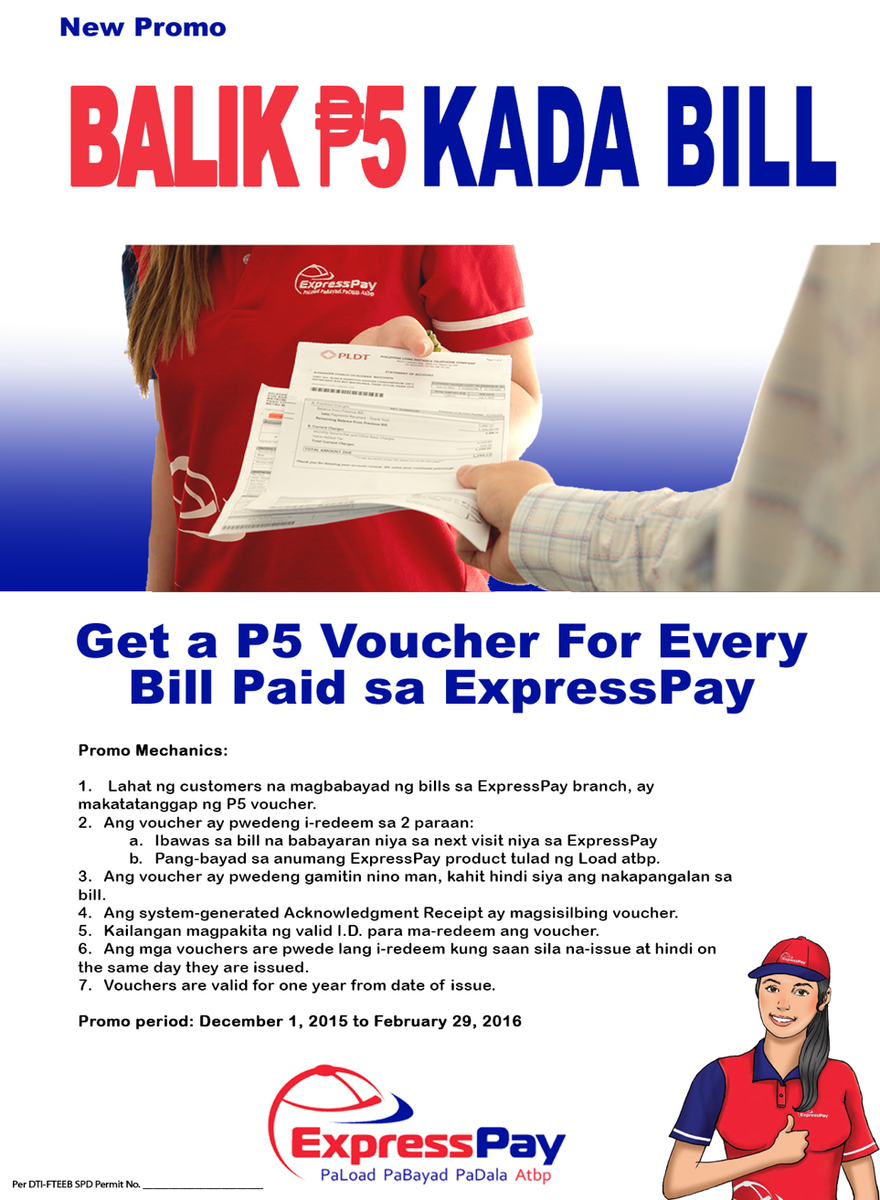 Expresspay2011's tweet image. Starting on Dec 1, you can get P5 voucher for every Bill Paid in any ExpressPay Outlet.
Give us a call: 09295601305