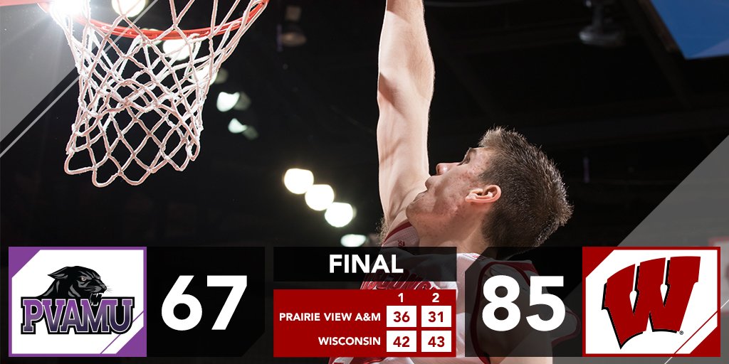 BadgerMBB's tweet photo. FINAL: #Badgers win 85-67!
Six different Badgers scored in double figures, the first time since 2013. Koenig: 16pts https://t.co/A5ozL84mqN