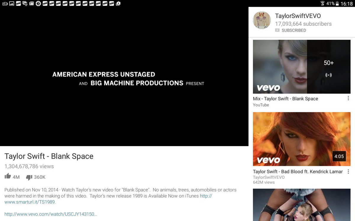 TeamInternet6's tweet image. Taylor Swift just hit 1 Billion views for blank space