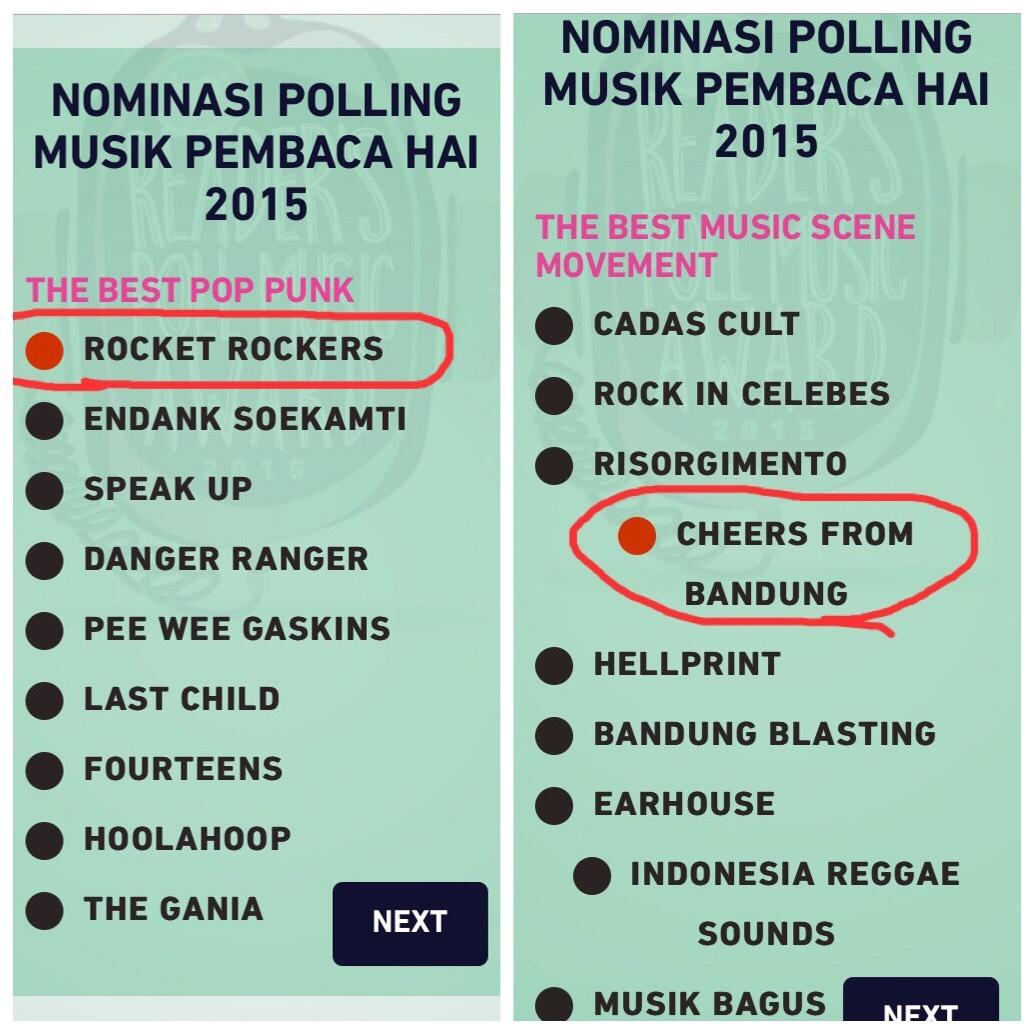 RR &amp; <a href="/CheersFromBDG/">Cheers From Bandung</a> masuk di 2 nominasi ini.Ayo bantu polling di -&gt; microsite.hai-online.com/polling2015/ 🙏  <a href="/HaiMagazine/">HAI</a>