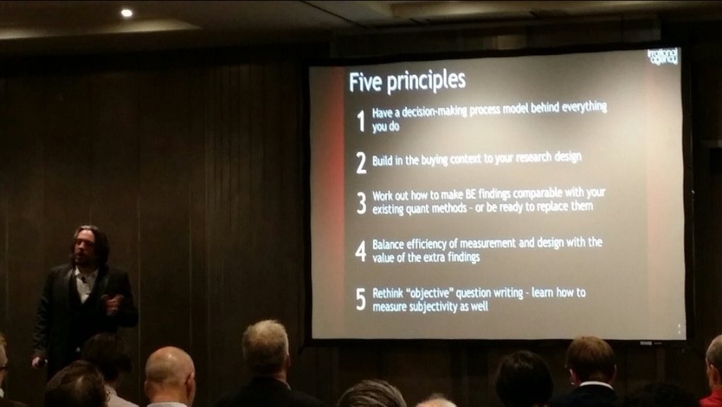TweetMRS's tweet photo. Here's @leighblue's 5 principles for scaling-up BE in #MRX (photo: @irrationalagcy) #MRSlive https://t.co/c1ZUqLd1D8