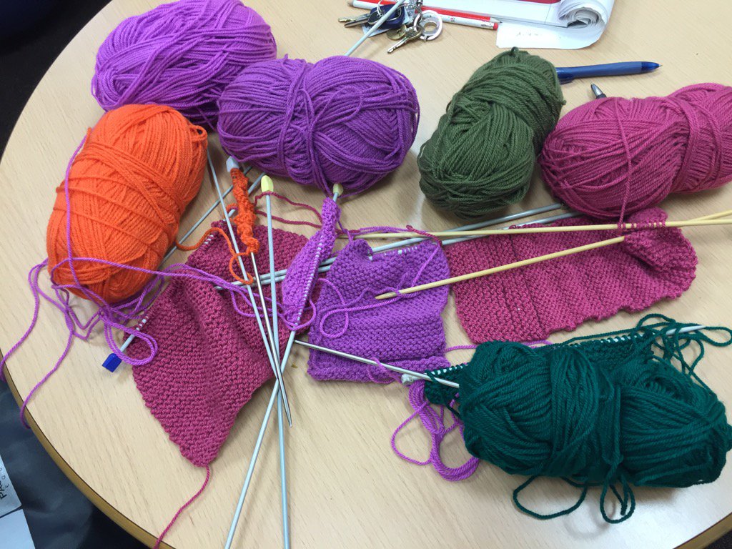 SCPHRP's tweet photo. Using the knitting created at #UKCRC15 to make a blanket for refugees in Callais https://t.co/rWVEguAxO6