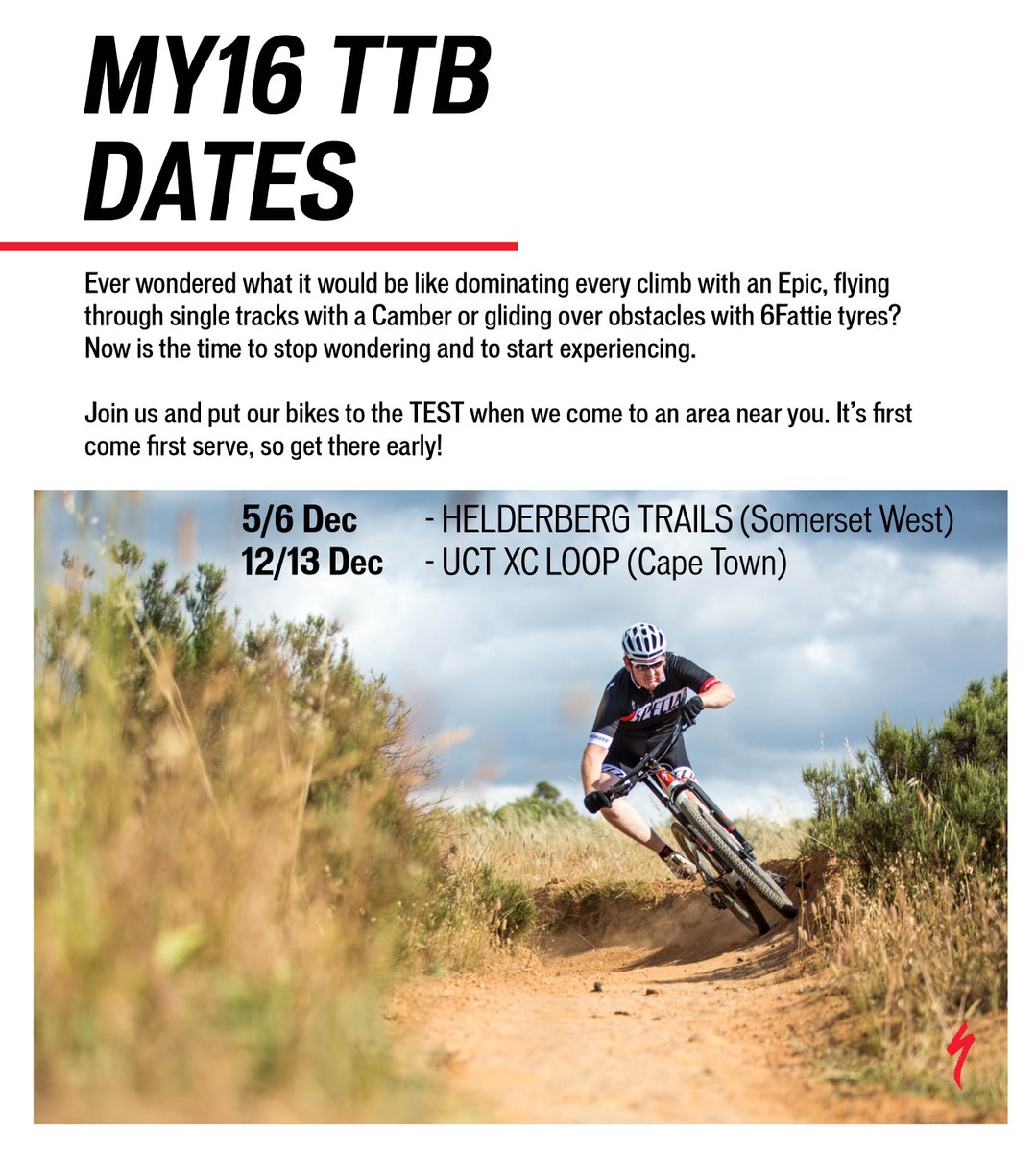 SpecializedZA's tweet photo. Join us for Test The Best in Cape Town this December #stoked2ride https://t.co/dkbBl05lJp