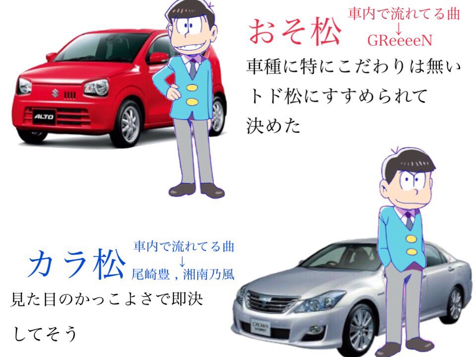 シ コ カ ル も め 子 六つ子が免許持ってて どんな車乗ってるか考えてたら辛くなってきた 4枚にする為に末松は個別にまとめちゃってるけど そこはすみません おそ松さん T Co Jflggjftmh