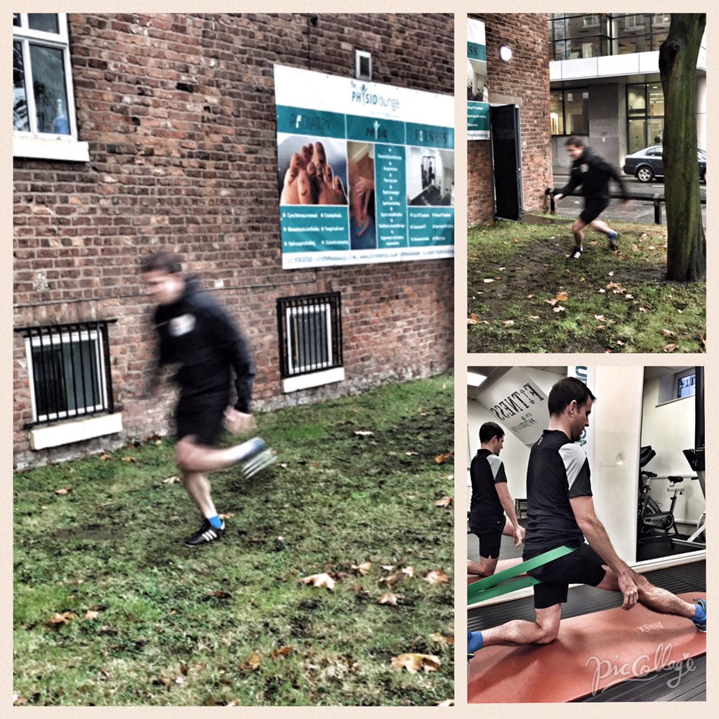 PhysioLounge's tweet photo. Outdoor rehab after a hamstring strain. Braving the weather and getting stuck in!💪🏻 #Physio #spinningfields https://t.co/dGZfmBydH1