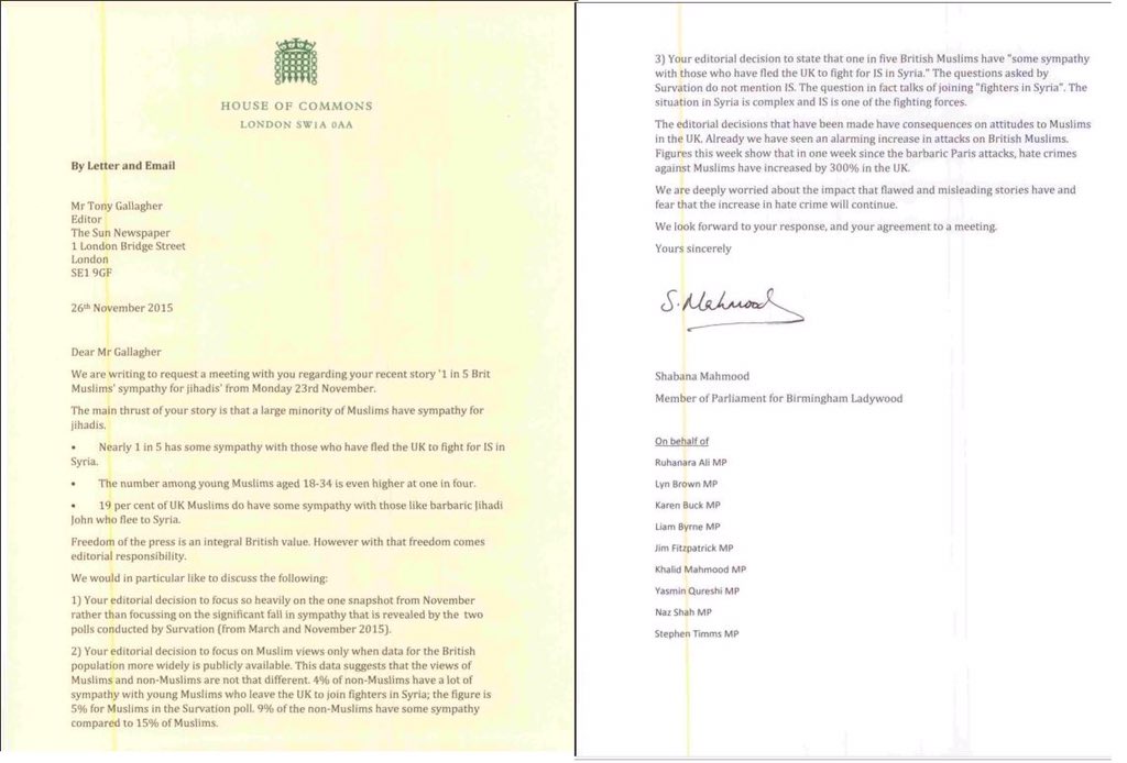 ShabanaMahmood's tweet photo. My letter to Sun editor to ask for a meeting to discuss #1in5Muslims story. Deeply flawed in my opinion. https://t.co/bbiqnXPQbZ