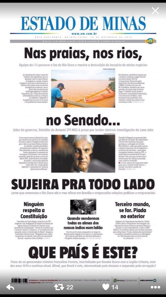 AleYoussef's tweet photo. Capa de 'O Estado de Minas' de hoje. Na veia. Que país é esse? https://t.co/zza7VKs75a