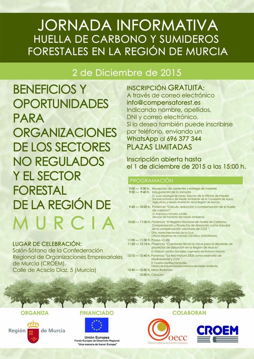 compensaforest's tweet image. Jornada sobre Huella de Carbono y Sumideros Forestales en la Región de Murcia. 2 de Diciembre @croemurcia:  http://g