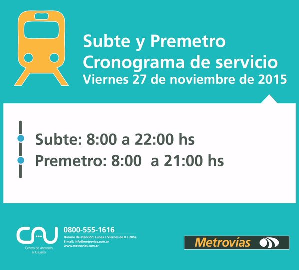 GastiRevol's tweet photo. @solotransito en estos horarios, funcionaran los subtes y el premetro. https://t.co/0xTDyX9ryu