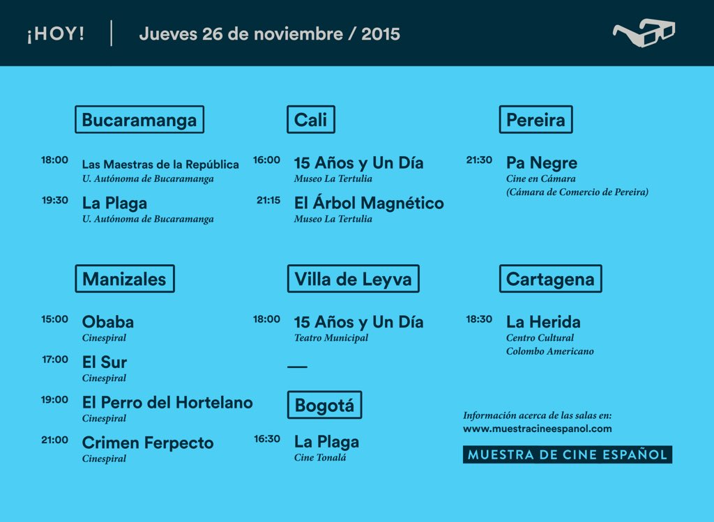 MuestraCineEsp's tweet photo. La programación de hoy en la #MCE15 está para no perdérsela. ¡Te esperamos! https://t.co/AgF5L7cMud